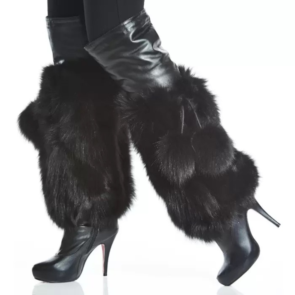 BLACK GENUINE FOX FUR LEG WARMERS WITH POM POMS